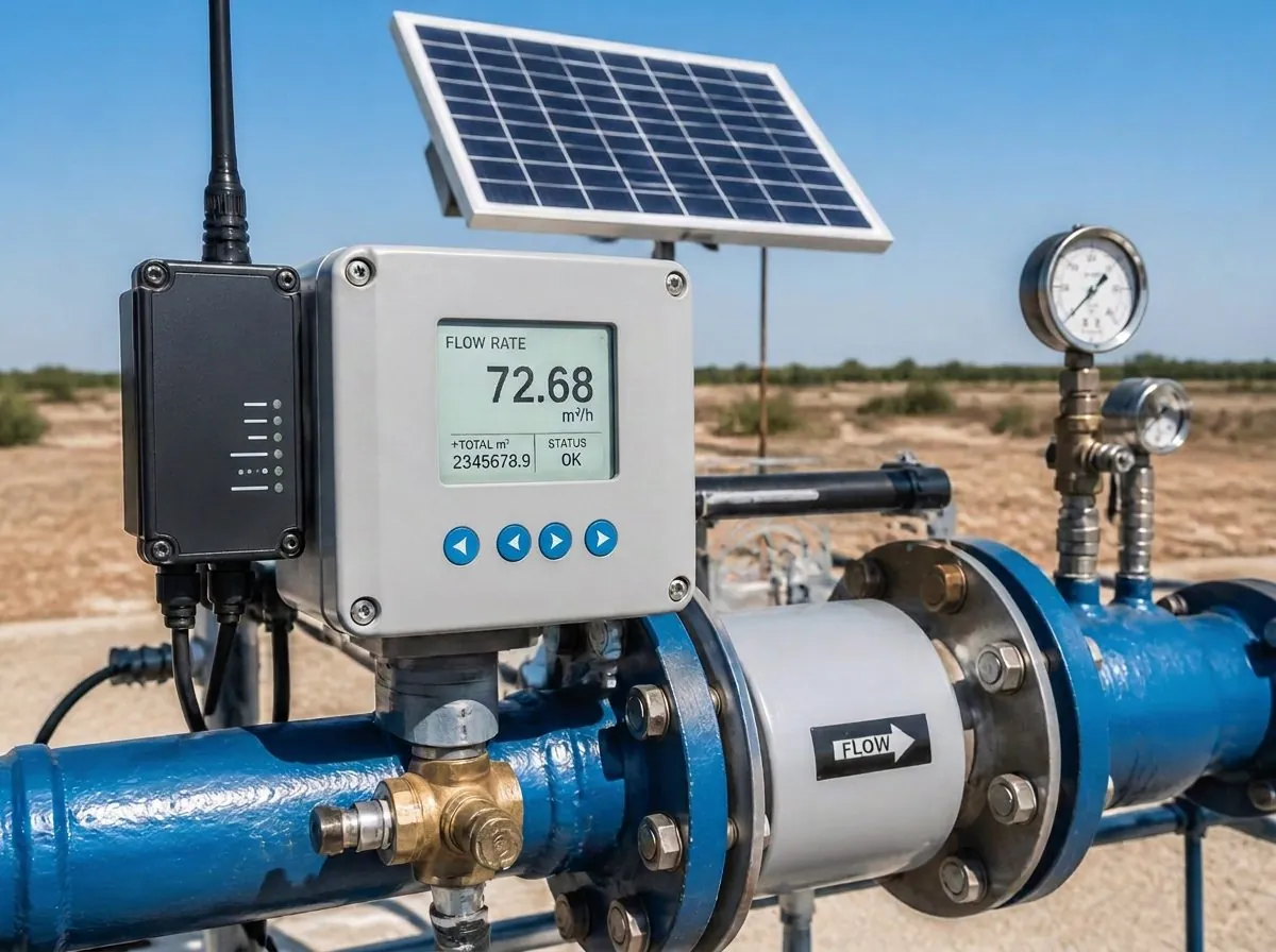 Sensor de telemetria e medidor de vazão instalados em poço artesiano com painel solar